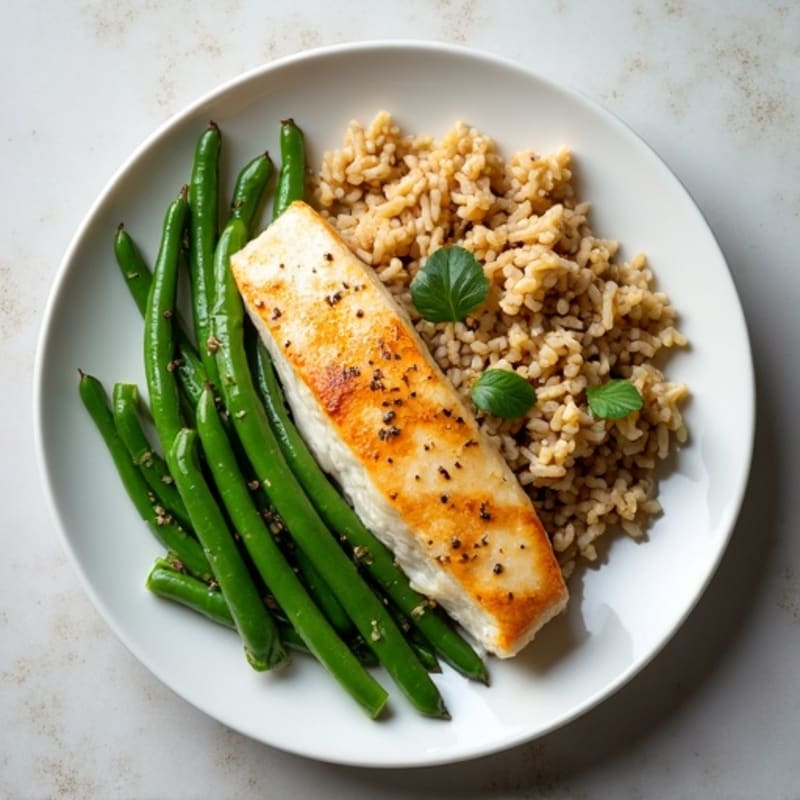 Seared Cod with Garlic Green Beans and Steamed Brown Rice