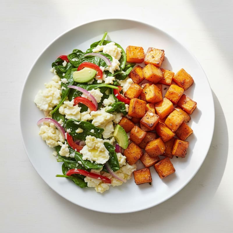 Egg White and Spinach Scramble with Roasted Sweet Potatoes