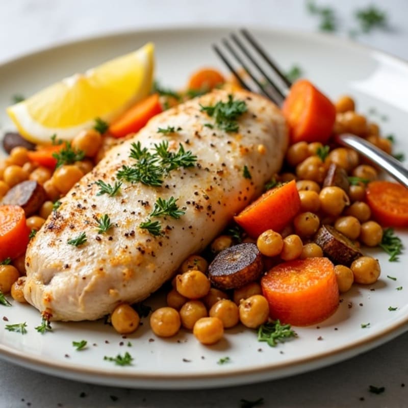 Sheet Pan Lemon Herb Chicken and Roasted Root Vegetables with Chickpeas