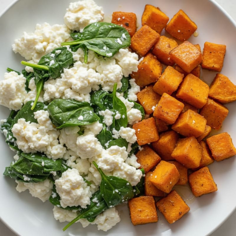 Egg White Spinach Scramble with Cottage Cheese and Roasted Sweet Potatoes