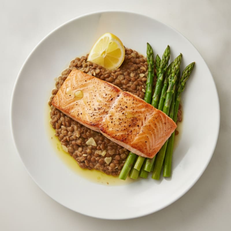 Seared Salmon with Steamed Asparagus and Lentil Mash