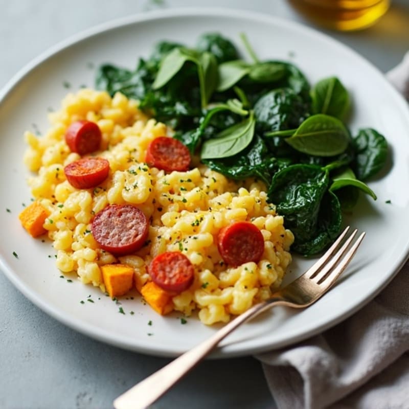Egg White and Turkey Sausage Scramble with Spinach and Roasted Sweet Potatoes