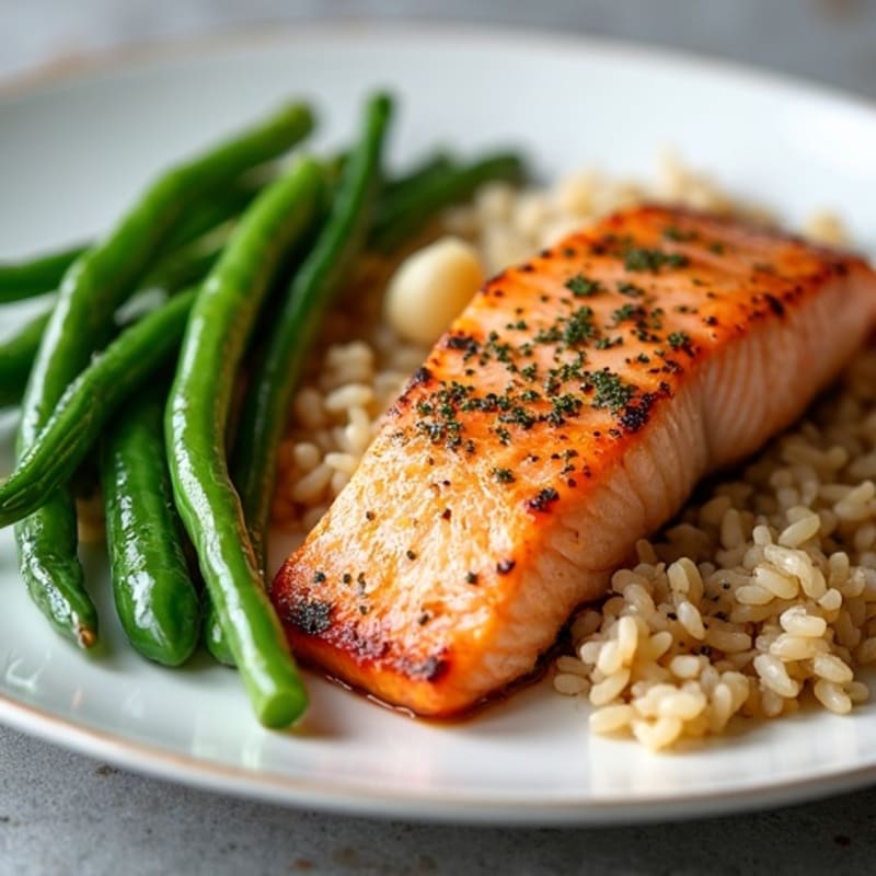 Seared Salmon with Garlic Green Beans and Brown Rice