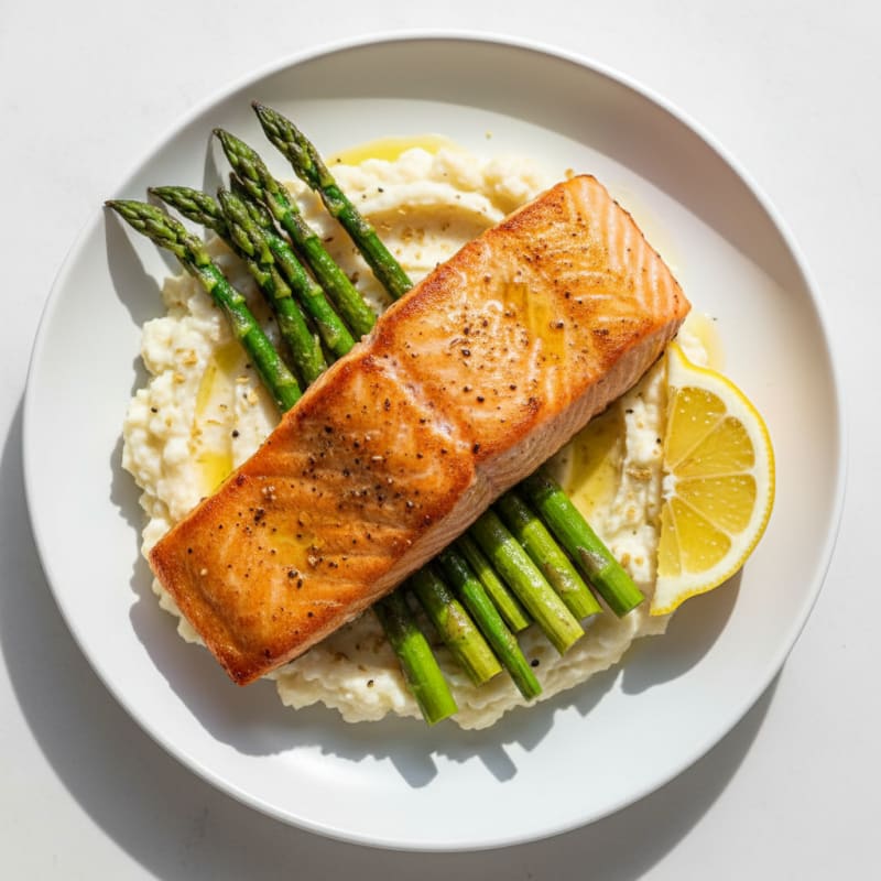 Seared Salmon Fillet with Roasted Asparagus and Cauliflower Mash