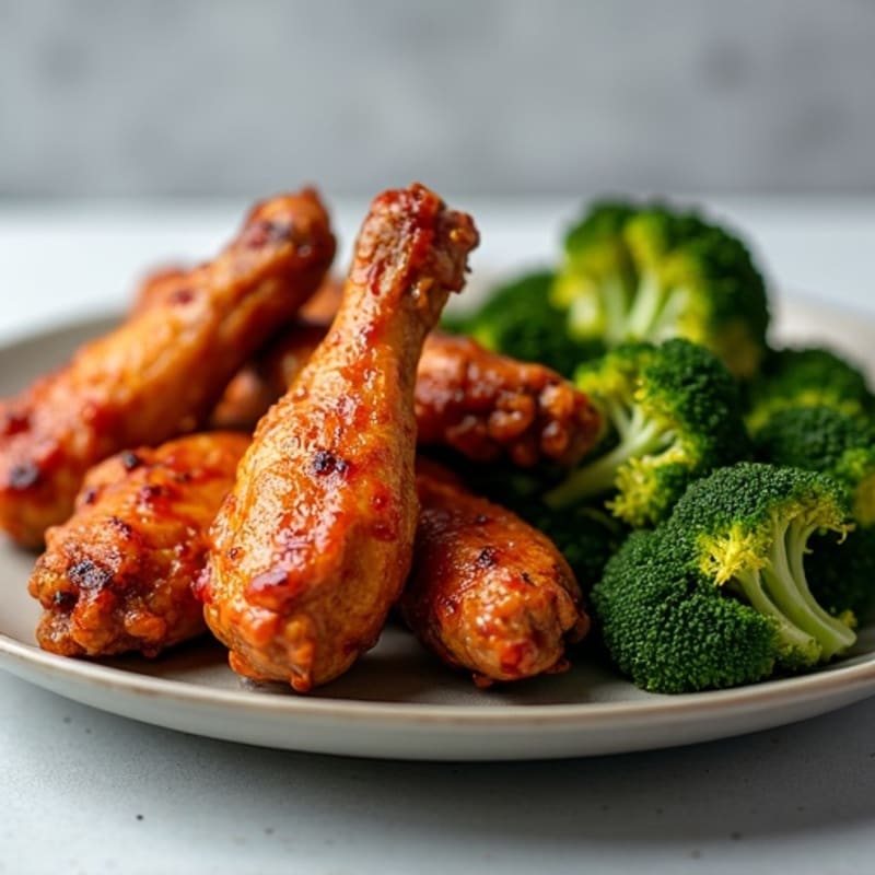 Crispy Baked Spicy BBQ Chicken Wings with Roasted Broccoli