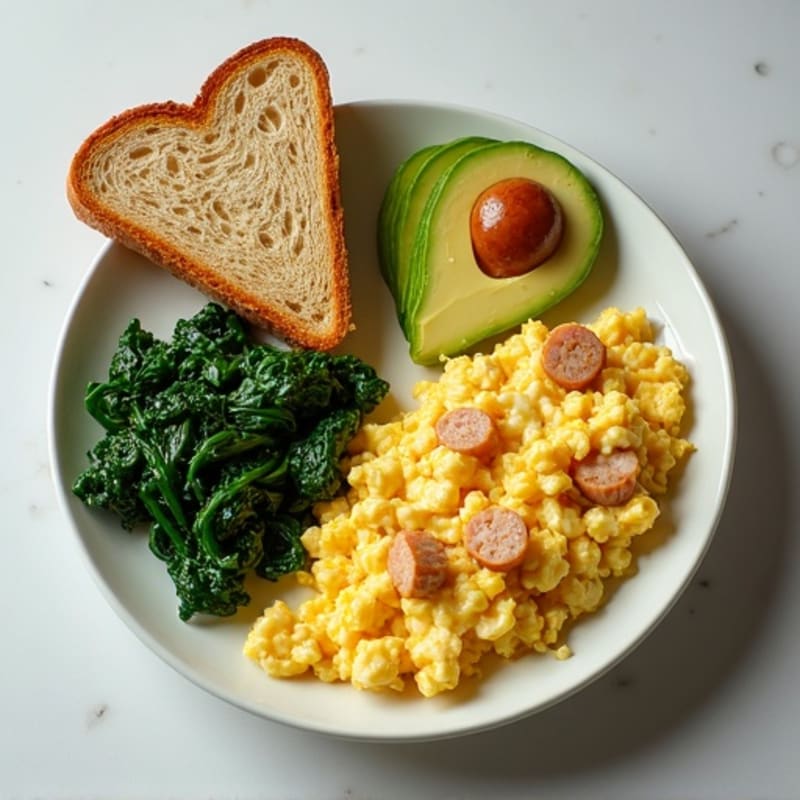 Egg White Scramble with Turkey Sausage and Sautéed Spinach (with Toast & Avocado)
