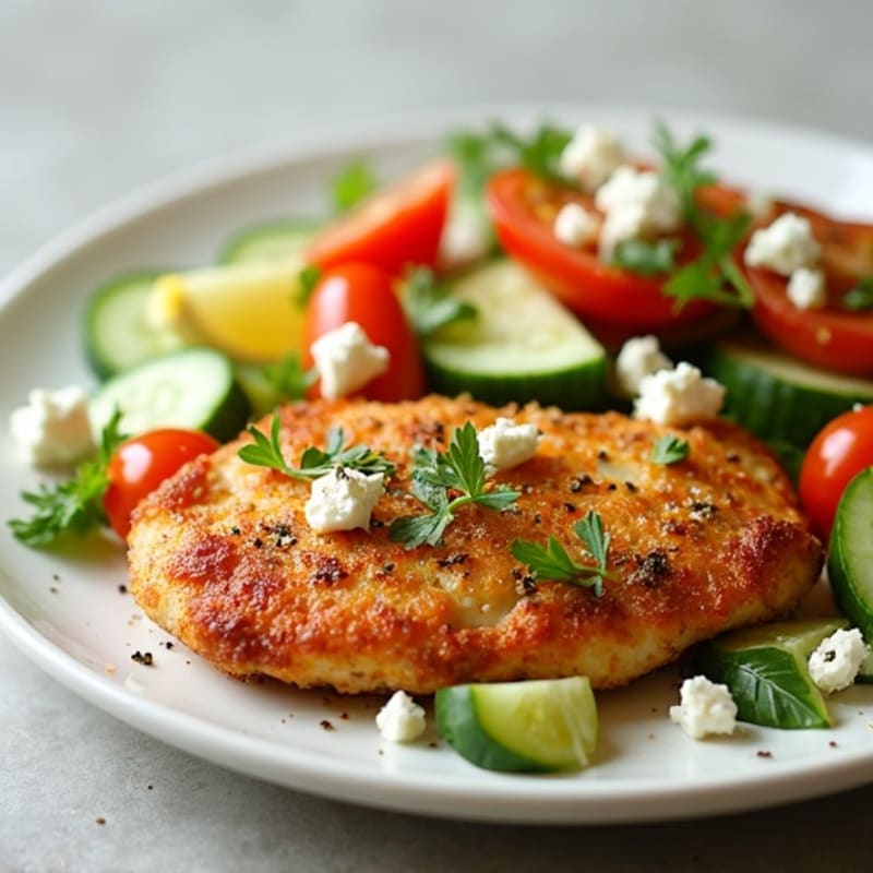 Crispy Lemon-Oregano Chicken with Fresh Feta Cucumber Tomato Salad