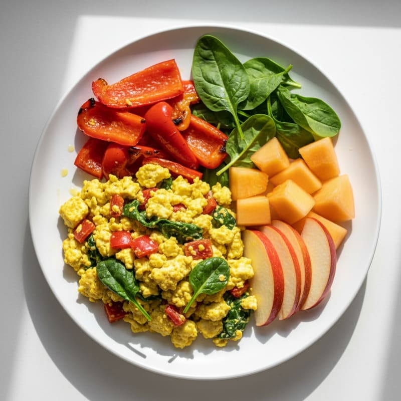 Silky Tofu Scramble with Roasted Vegetables and Sliced Apple