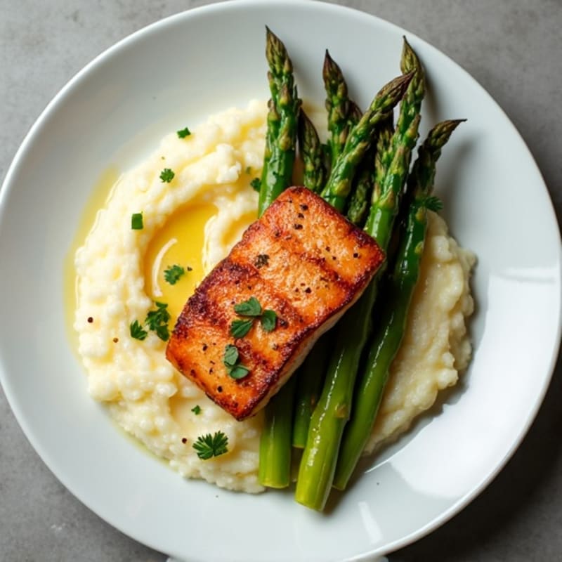 Seared Salmon with Roasted Asparagus and Cauliflower Mash