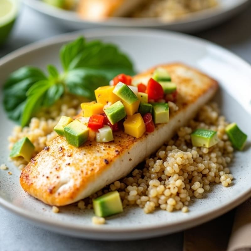 Pan-Seared Halibut with Fresh Mango-Avocado Salsa and Cilantro-Lime Quinoa