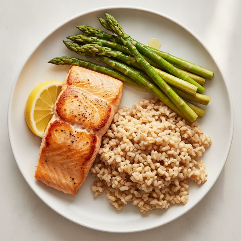 Seared Salmon with Steamed Asparagus and Brown Rice
