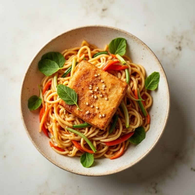 Creamy Peanut Noodles with Crispy Tofu and Fresh Vegetables