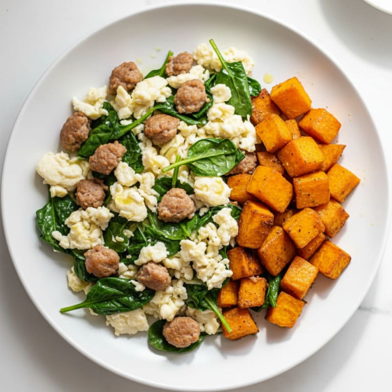 Egg White and Turkey Sausage Scramble with Spinach and Roasted Sweet Potato