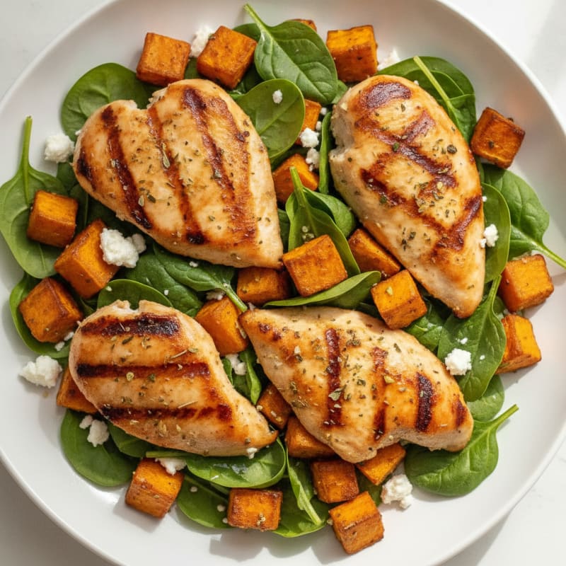 Grilled Chicken and Roasted Sweet Potato Spinach Salad with Feta