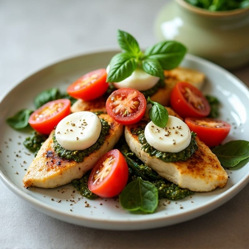 Pan-Seared Pesto Chicken with Burst Tomatoes and Creamy Mozzarella
