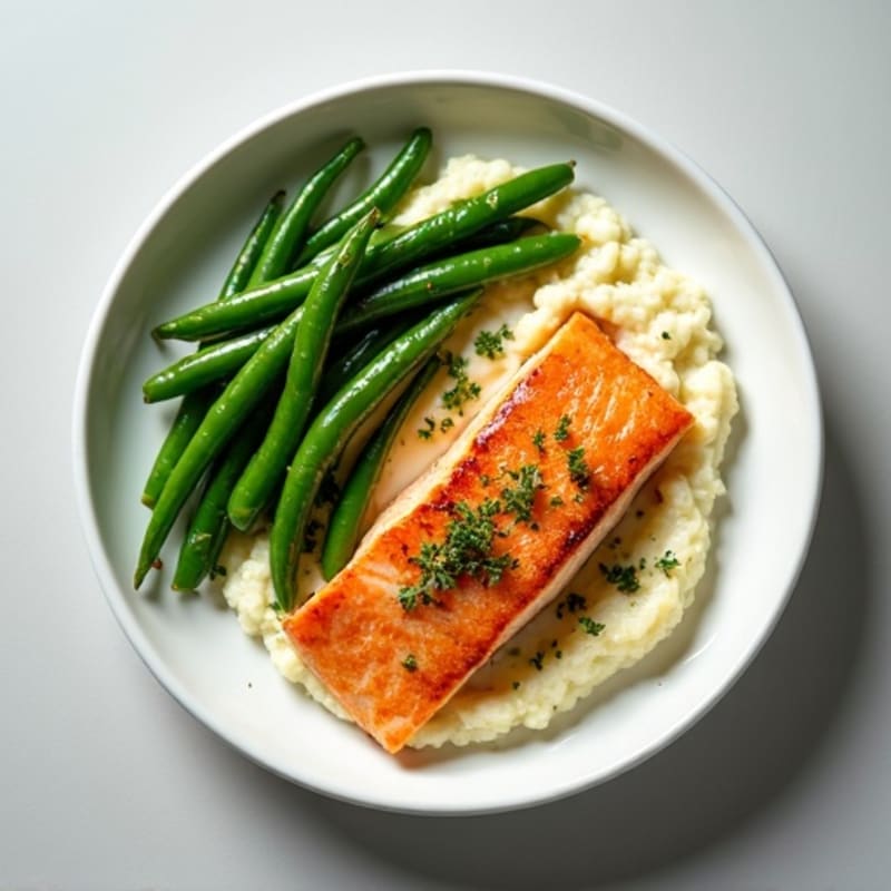 Seared Salmon with Garlic Green Beans and Cauliflower Mash