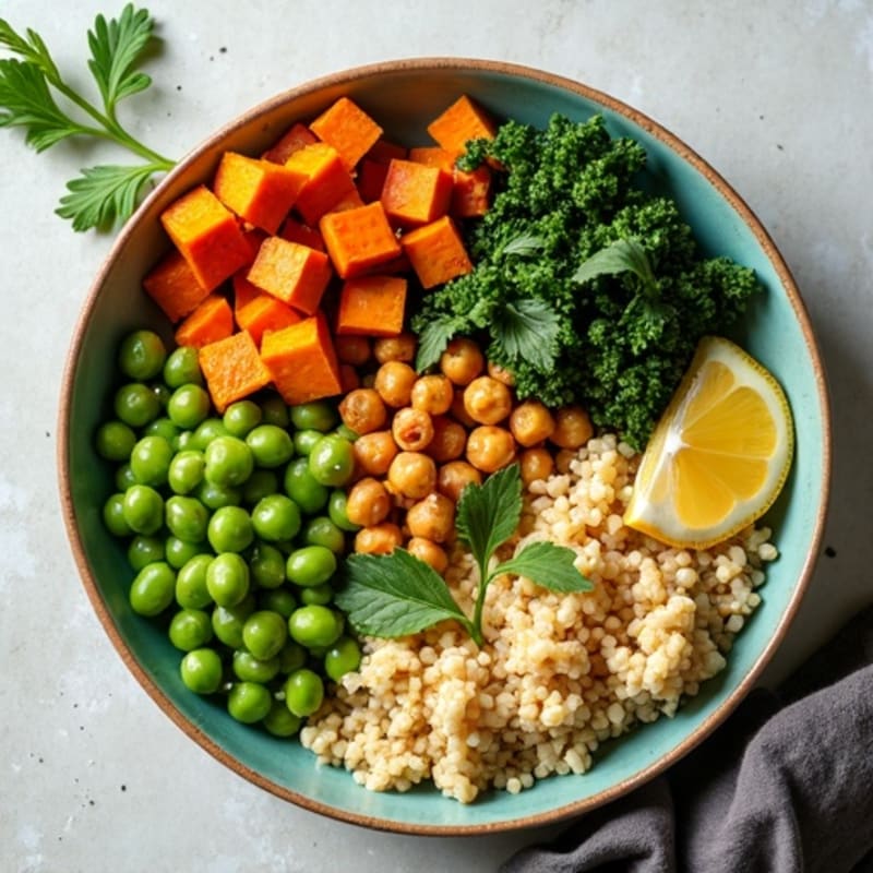 Crispy Roasted Chickpea and Sweet Potato Buddha Bowl with Creamy Lemon-Herb Dressing