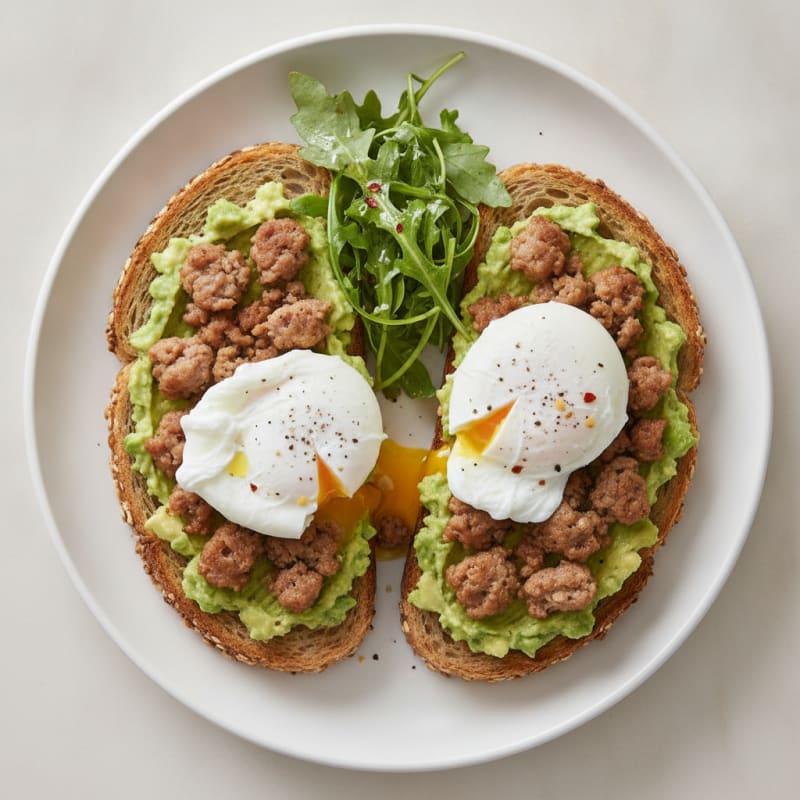 Sausage and Avocado Toast with Poached Egg