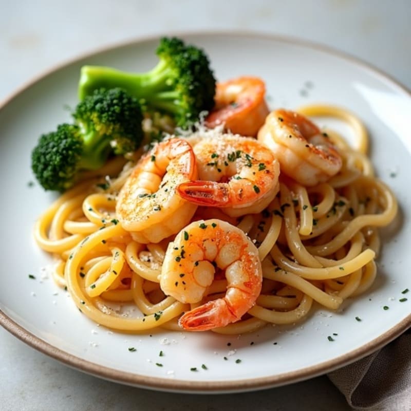 Garlic Shrimp Linguine with Roasted Broccoli