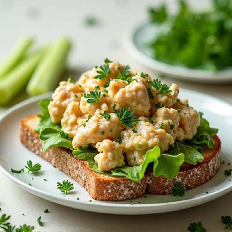 Fresh Herb Chicken Salad with Crunchy Celery on Toasted Whole Grain Bread