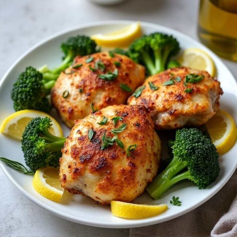 Crispy Lemon-Herb Roasted Chicken Thighs with Tender Roasted Broccoli