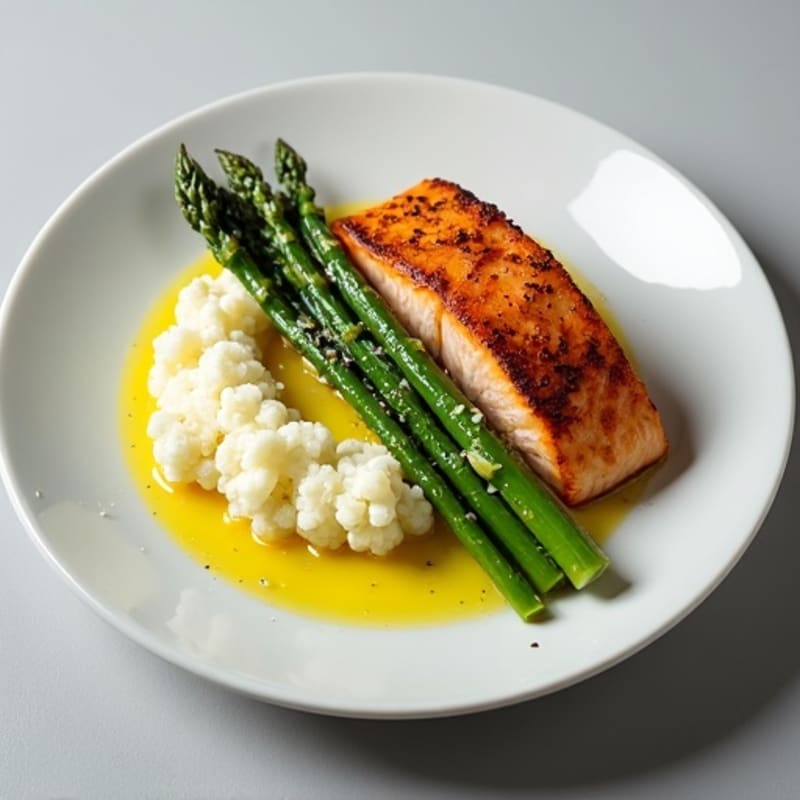 Seared Salmon with Steamed Asparagus and Cauliflower Mash