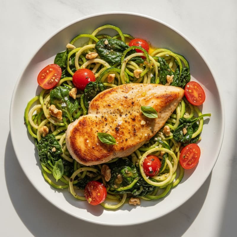 Pan-Seared Chicken with Zucchini Noodles and Spinach