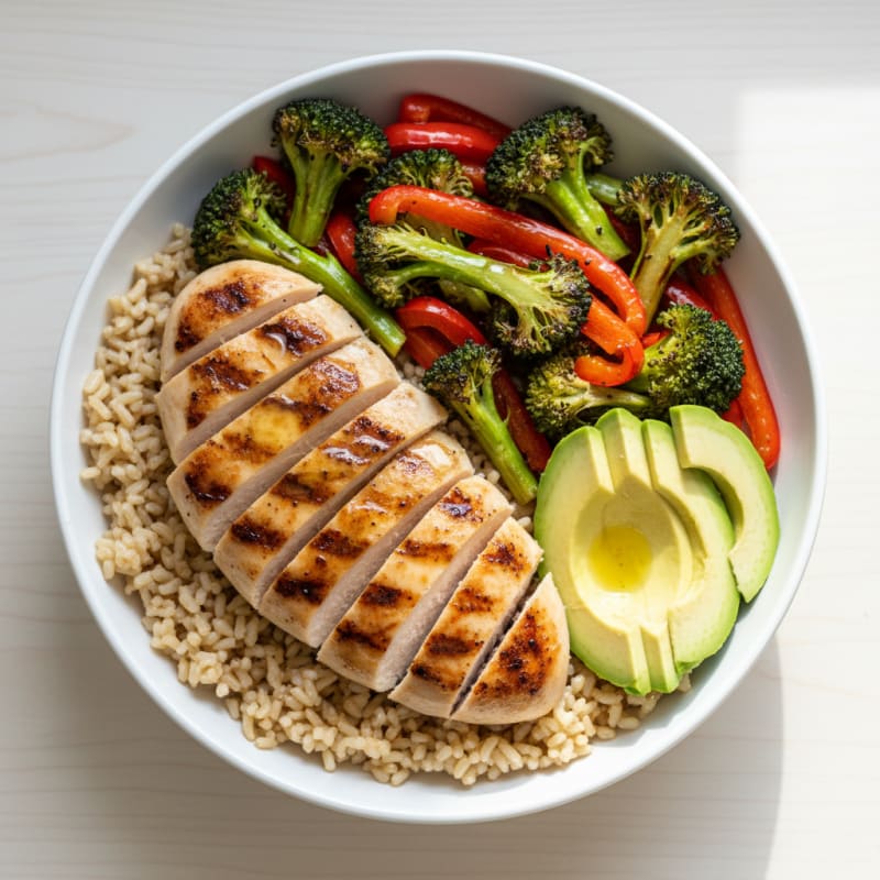 Grilled Chicken and Brown Rice Power Bowl with Roasted Vegetables