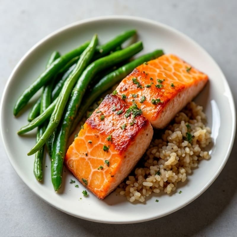 Seared Salmon with Garlic Green Beans and Steamed Brown Rice