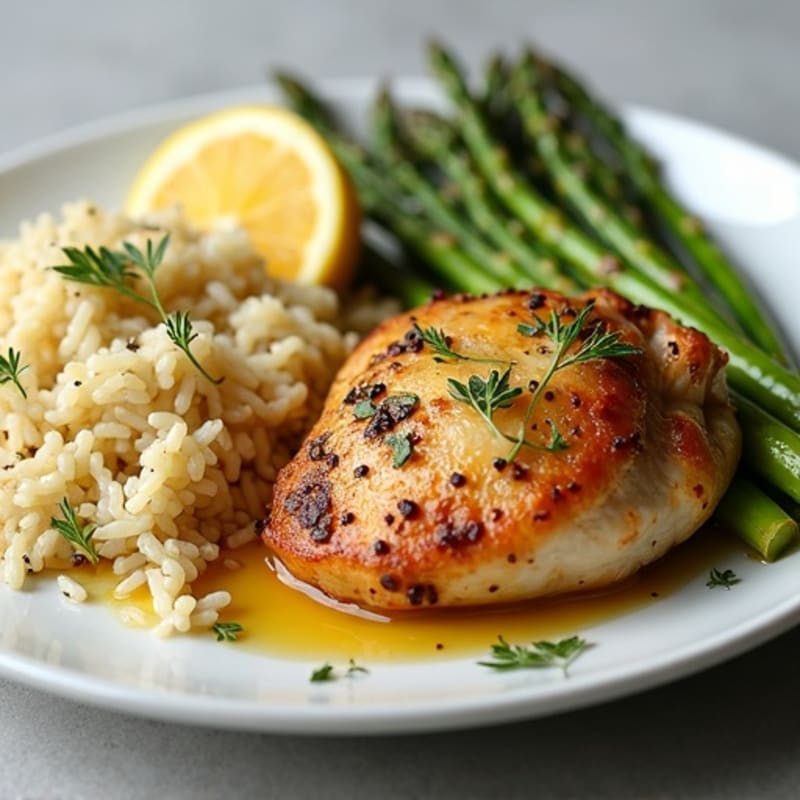 Lemon Herb Roasted Chicken Thighs with Fluffy Jasmine Rice and Roasted Asparagus