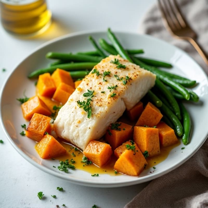 Baked Cod with Roasted Sweet Potatoes and Green Beans