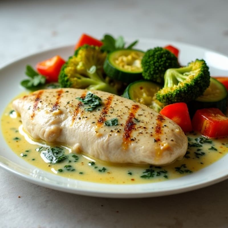 Creamy Spinach Artichoke Chicken with Roasted Vegetables