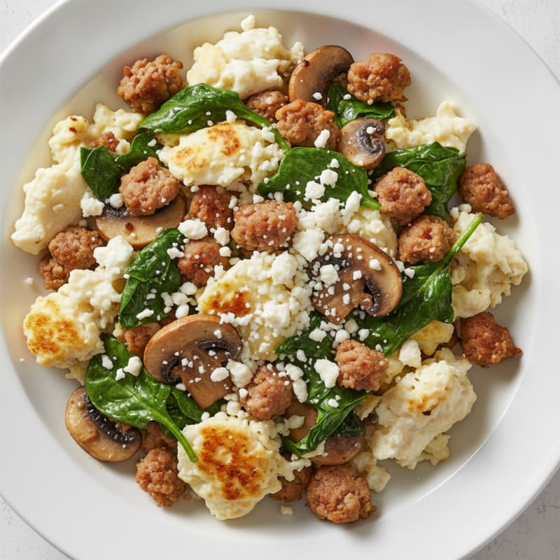 Egg White and Turkey Sausage Scramble with Spinach and Mushrooms