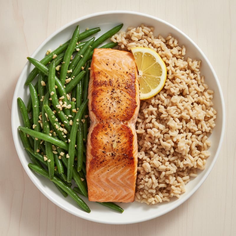Seared Salmon with Garlic Green Beans and Brown Rice