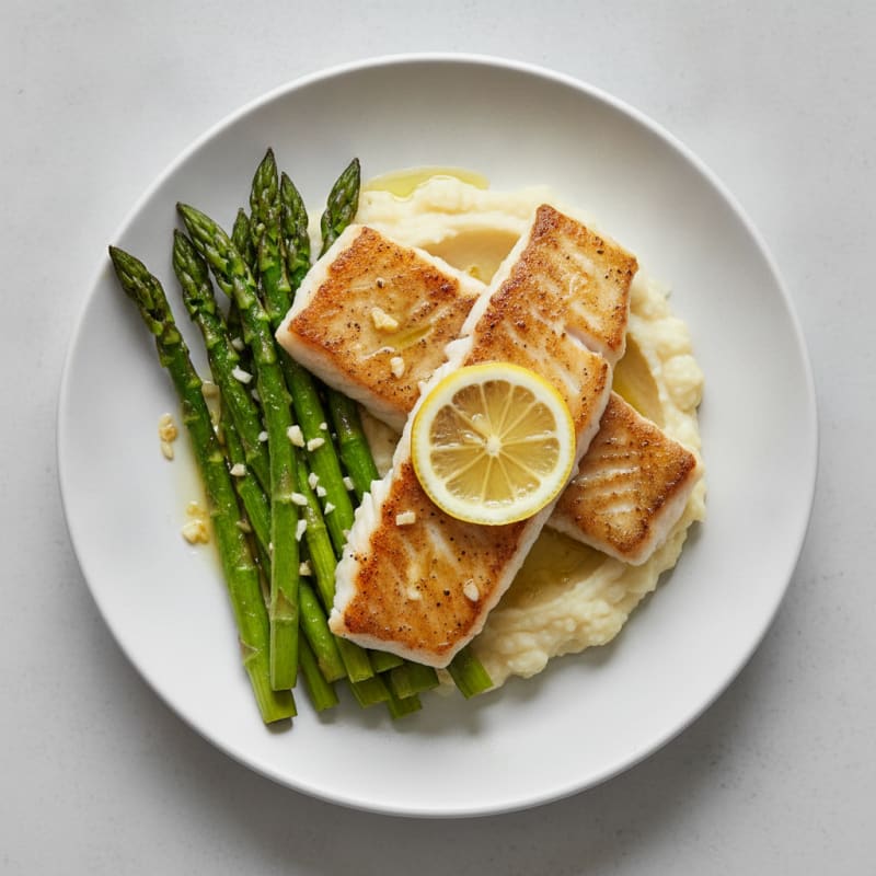 Seared Cod with Roasted Asparagus and Cauliflower Mash