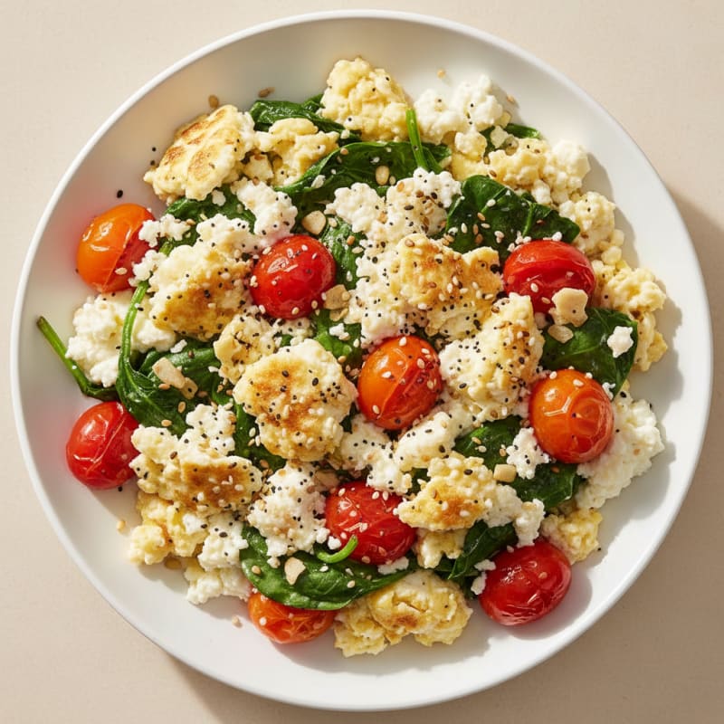 Cottage Cheese Egg Scramble with Spinach and Cherry Tomatoes