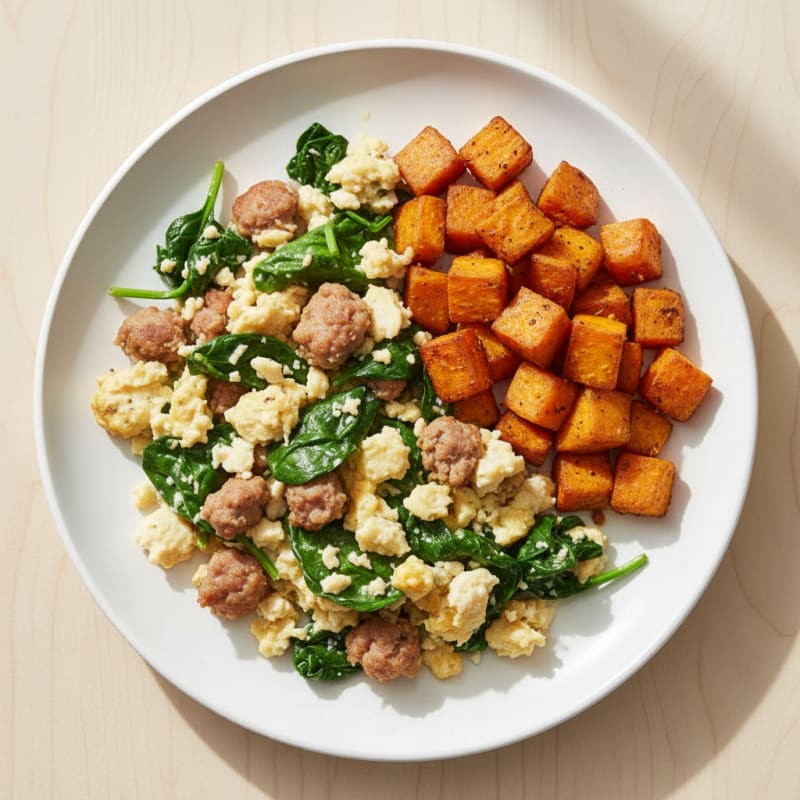 Egg White and Spinach Scramble with Turkey Sausage
