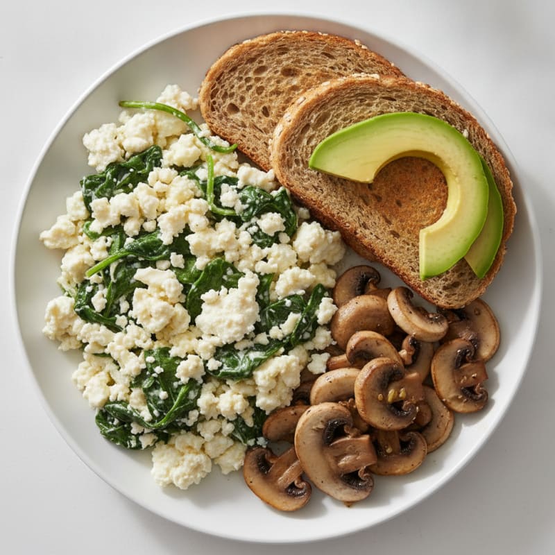 Cottage Cheese Scramble with Spinach and Sautéed Mushrooms