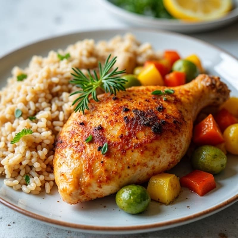 Crispy Lemon-Herb Roasted Chicken with Roasted Root Vegetables and Fluffy Brown Rice