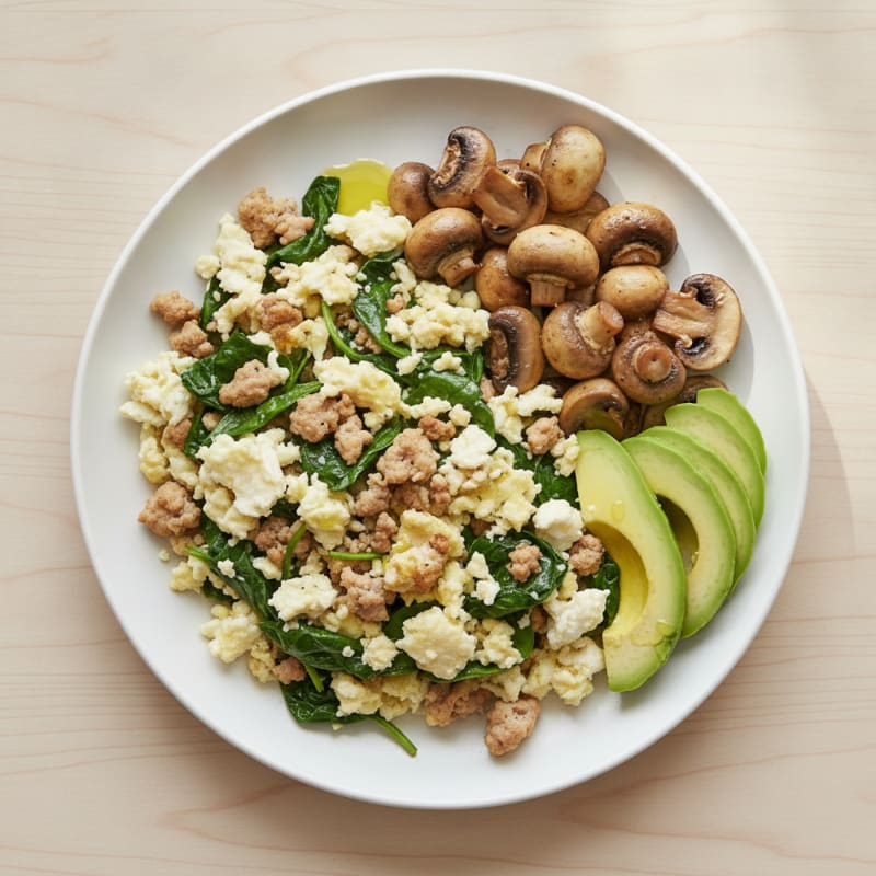 Egg White and Turkey Spinach Scramble with Sautéed Mushrooms