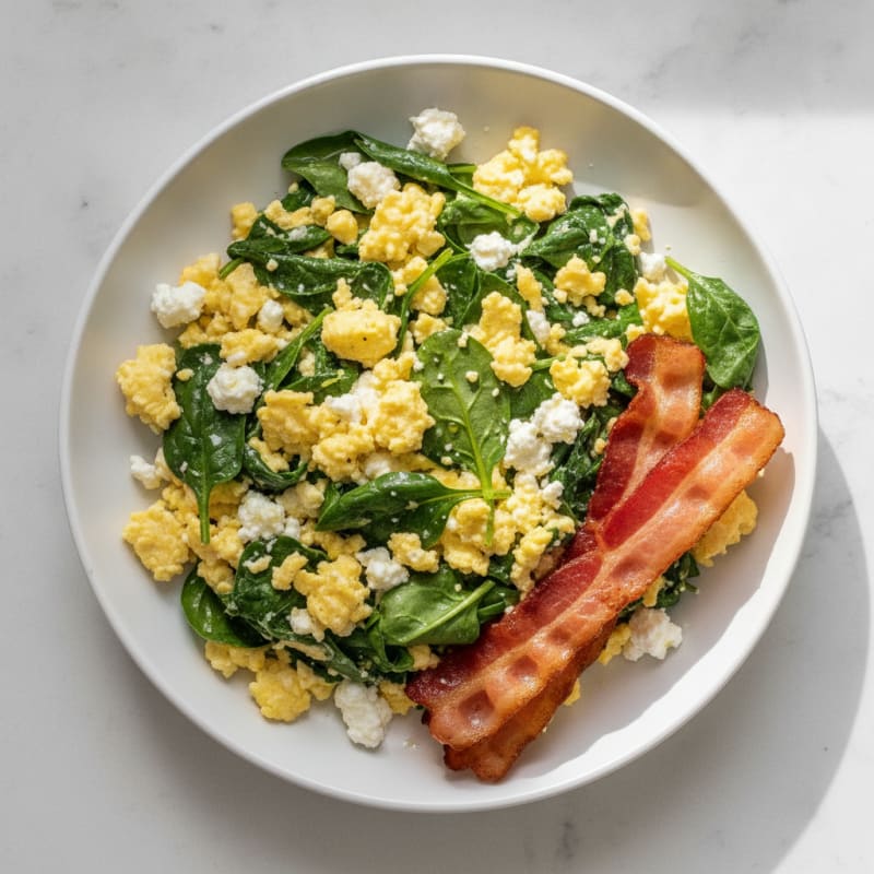 Cottage Cheese Egg Scramble with Spinach and Turkey Bacon