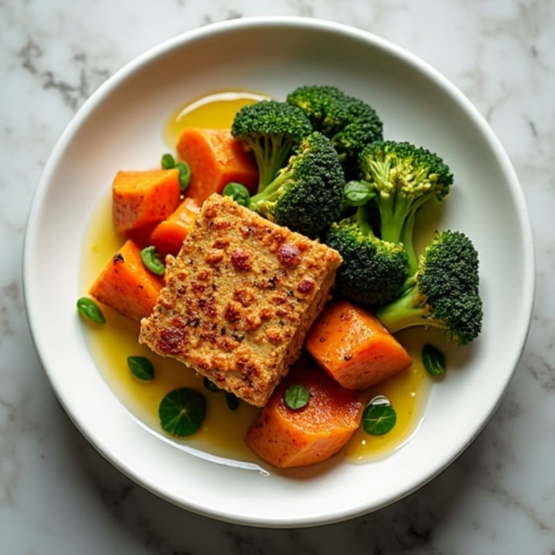 Crispy Baked Tempeh with Roasted Broccoli and Sweet Potato