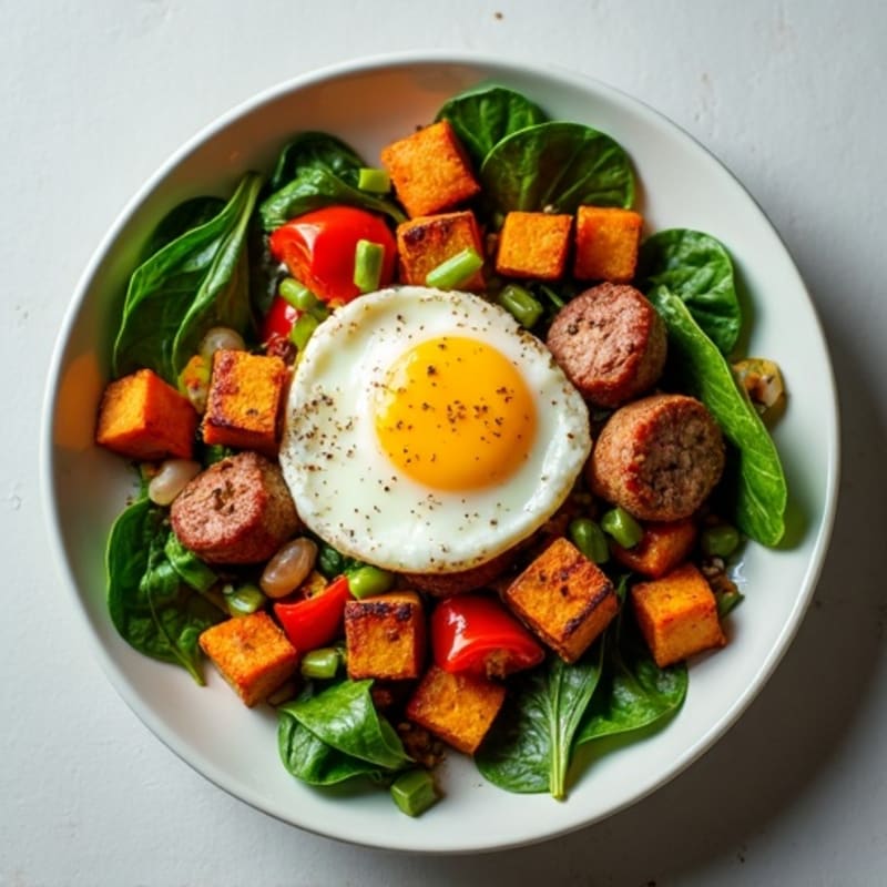 Crispy Sweet Potato Hash with Chicken Sausage and Wilted Greens