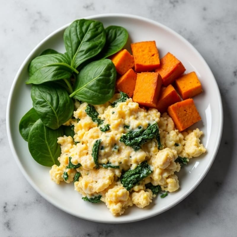 Egg White and Turkey Spinach Scramble with Roasted Sweet Potato