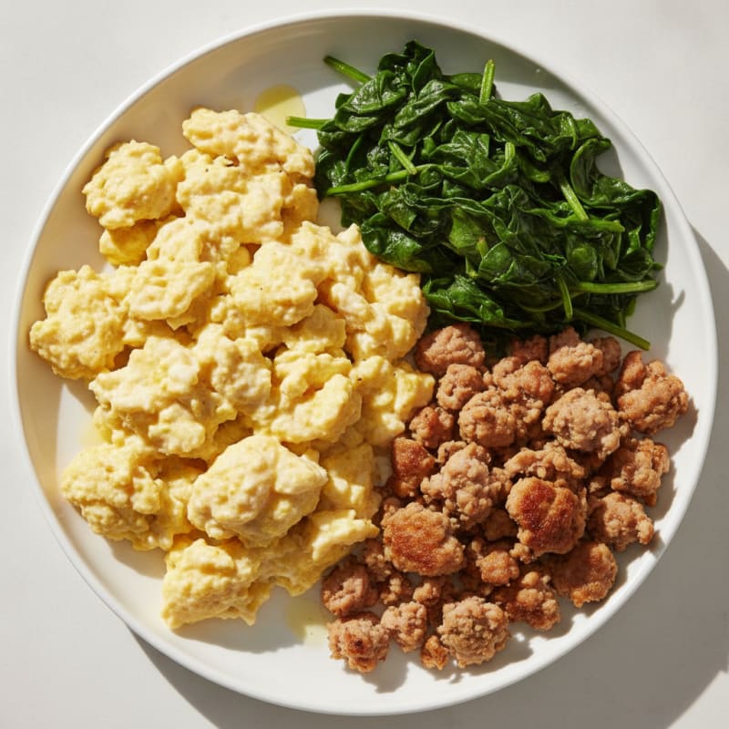 Creamy Scrambled Eggs with Turkey Sausage and Sautéed Spinach