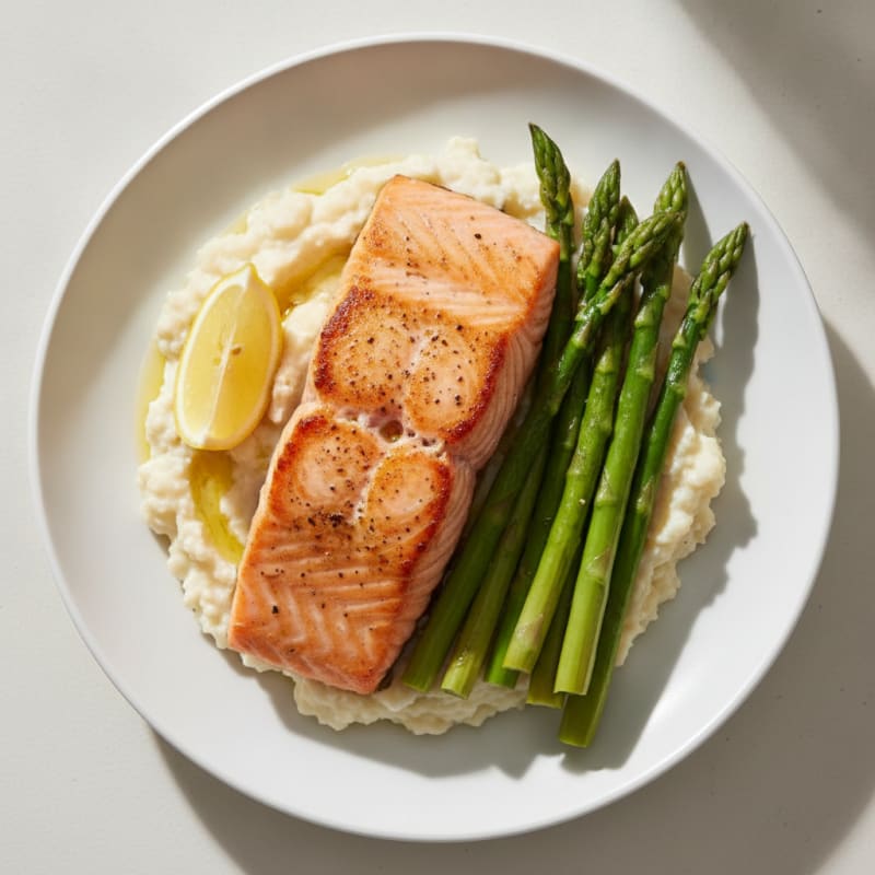 Seared Salmon Fillet with Steamed Asparagus and Cauliflower Mash
