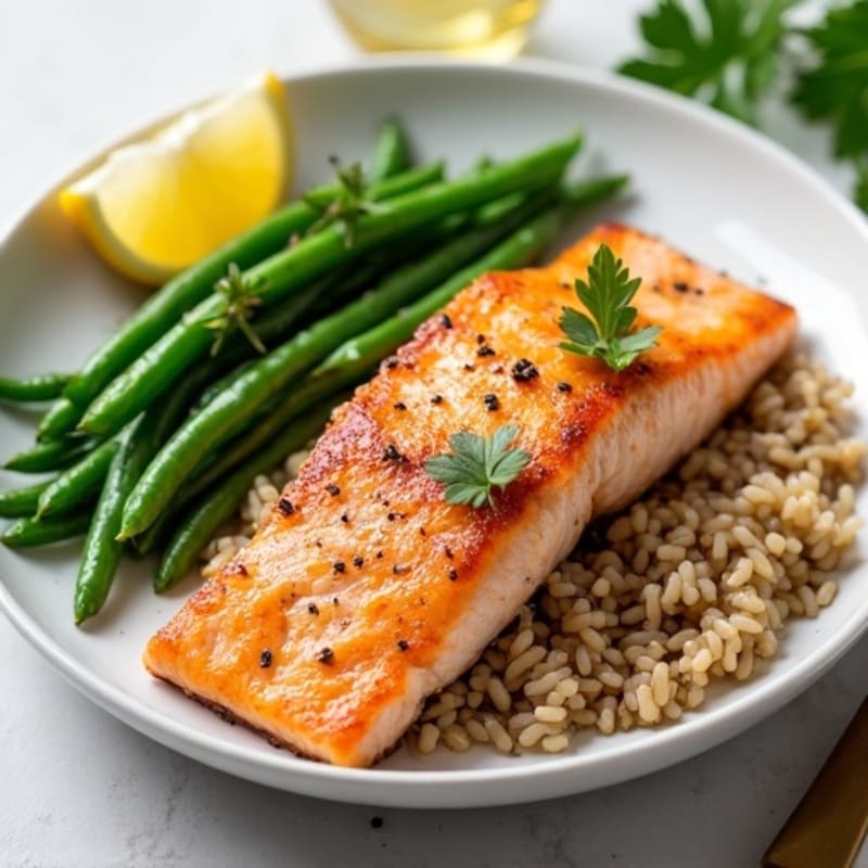 Seared Salmon with Steamed Green Beans and Brown Rice