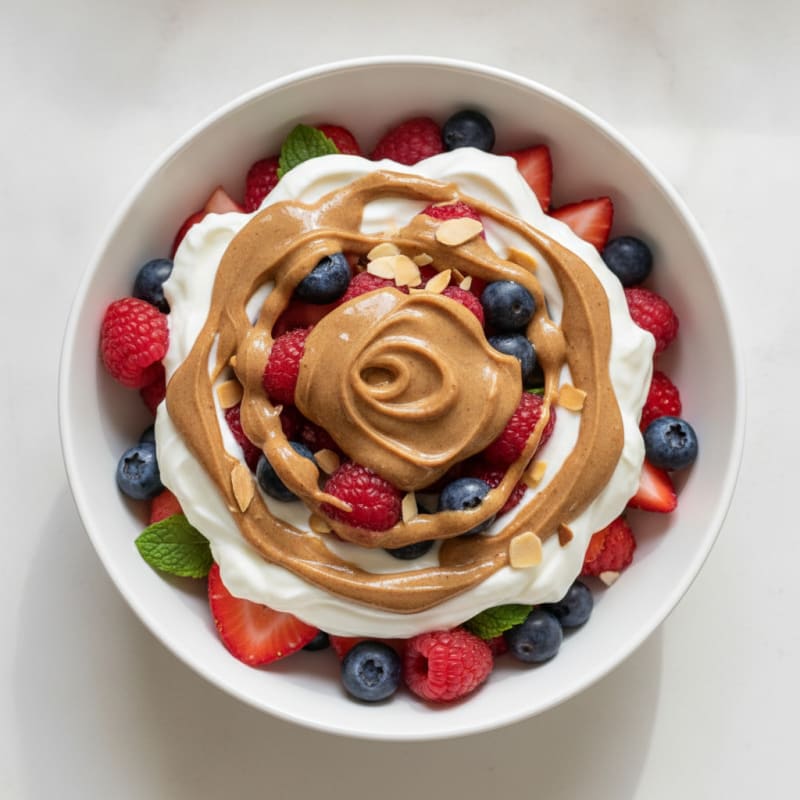 Greek Yogurt Protein Parfait with Mixed Berries and Almond Butter