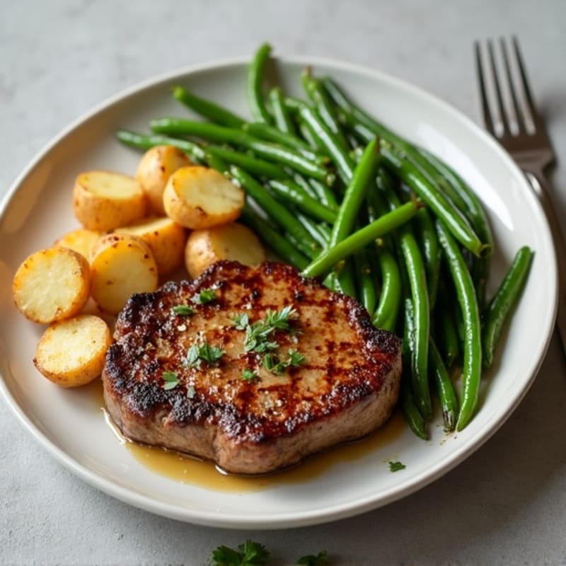 Garlic Butter Pan-Seared Steak with Crispy Roasted Potatoes and Green Beans