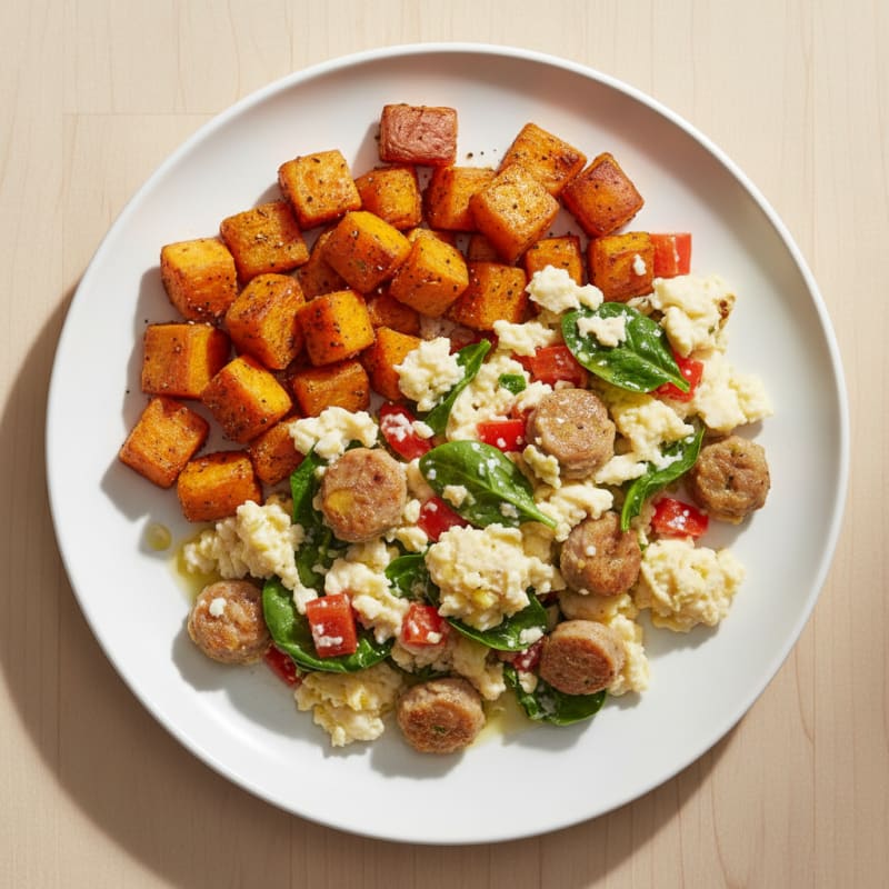 Crispy Turkey Sausage and Egg White Scramble with Roasted Sweet Potatoes